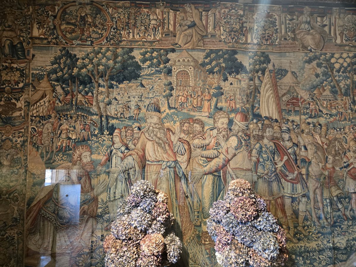 An elaborate centuries-old tapestry at Chenonceau