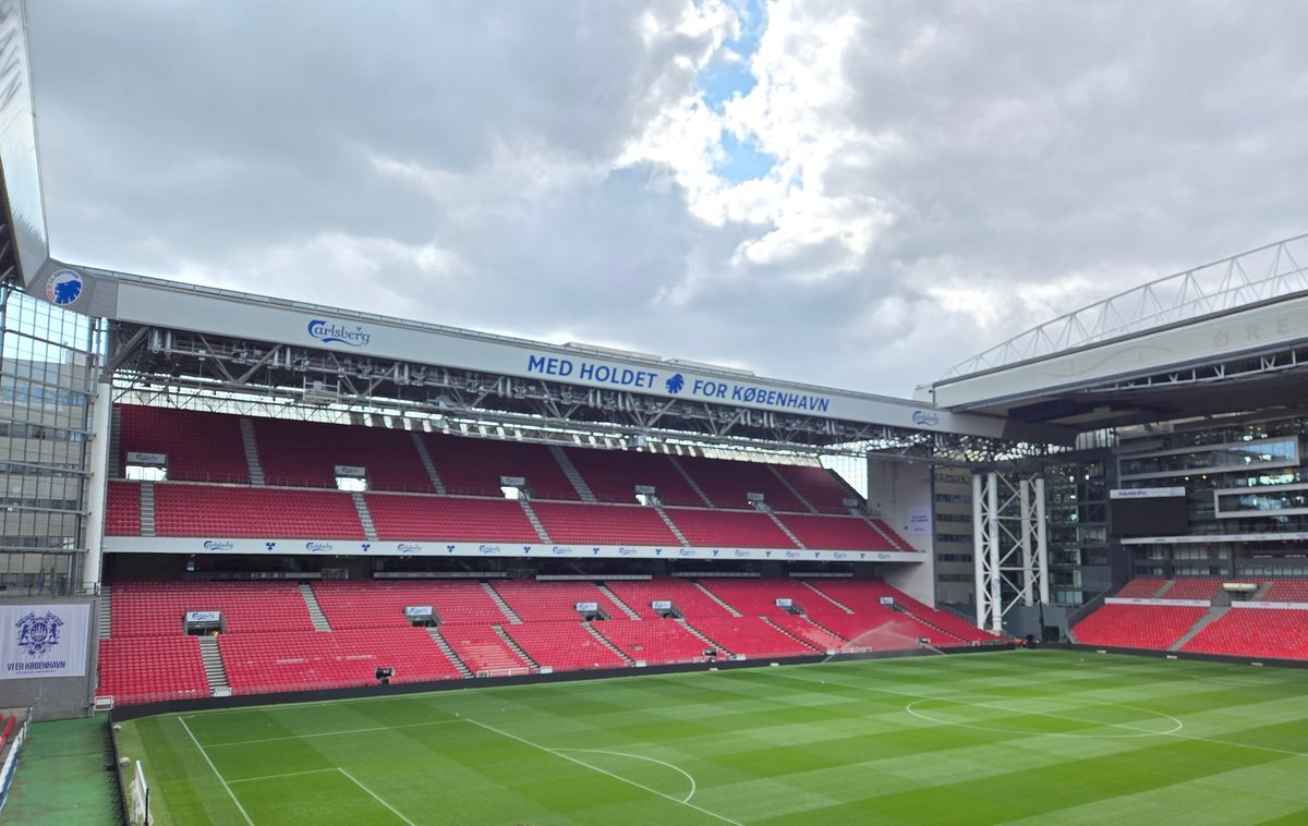 Parken Stadium pitch with red seating and green field