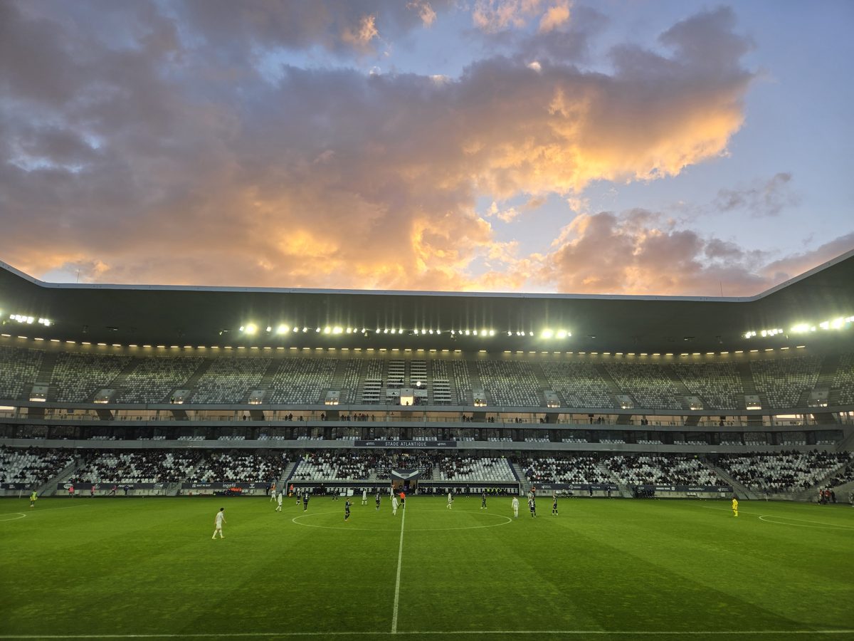 Sunset reflected in the stadium screen at Stade Atlantique