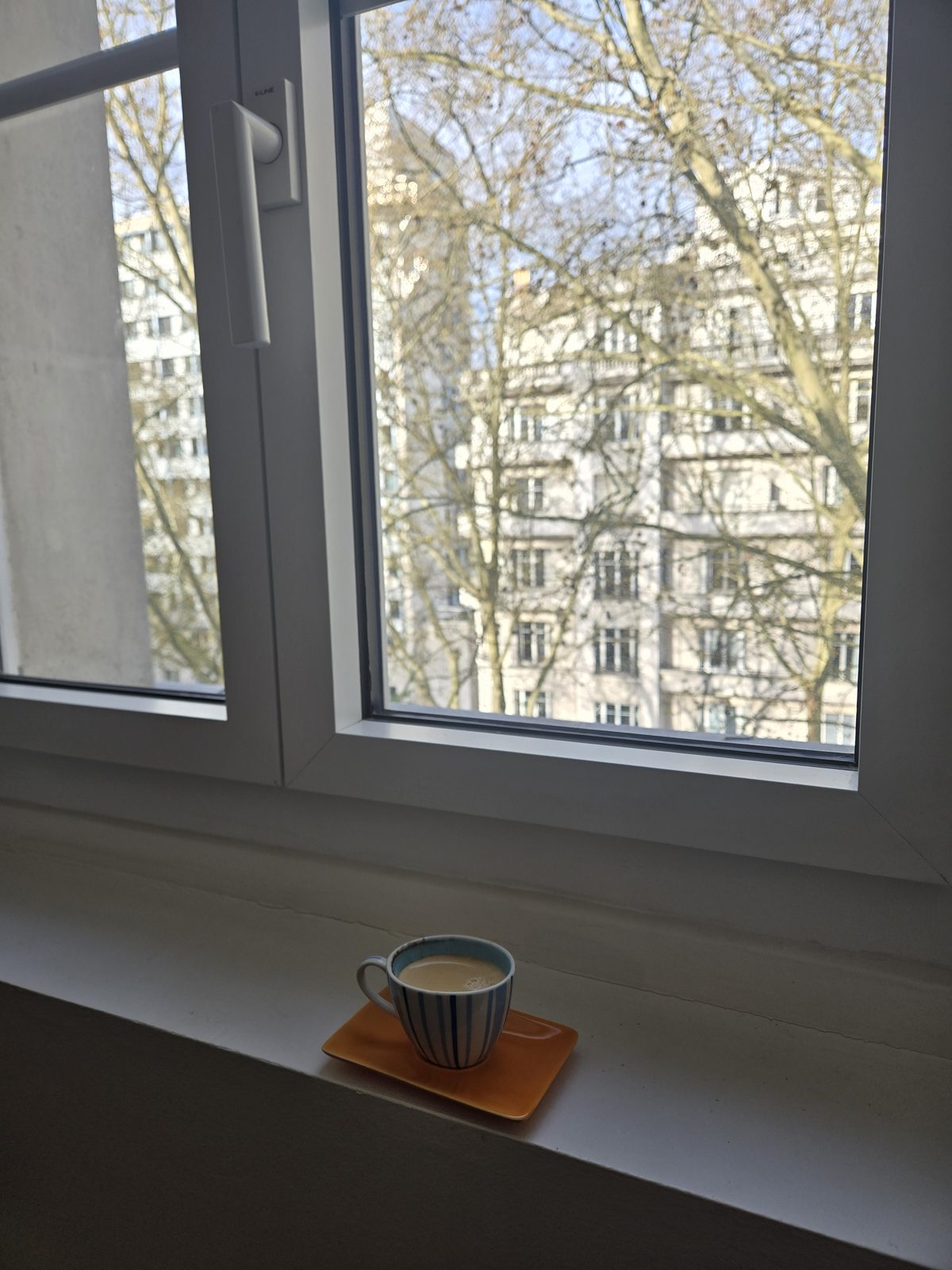 An espresso cup on the windowsill, bare trees and street below