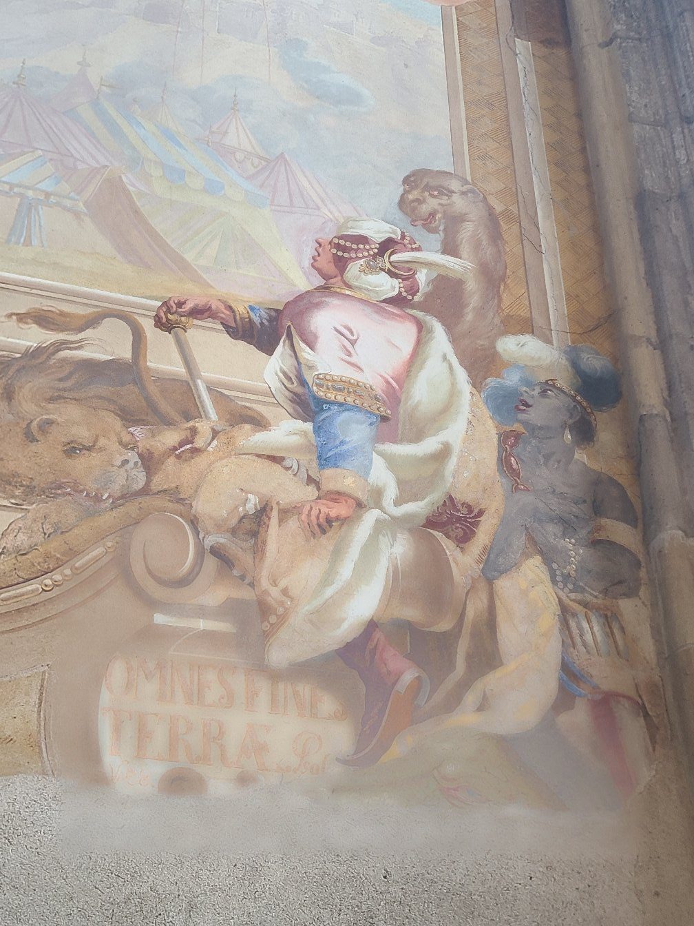 A church fresco featuring a bewildered-looking creature behind an Ottoman warrior